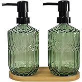 Glass Hand and Dish Soap Dispenser Set of 2 with Plastic Pumps, Bamboo Tray, 15oz Bathroom Soap Dispenser for Hand Wash & Dish Wash, Ideal for Bathroom Kitchen Countertop (Dark Green)