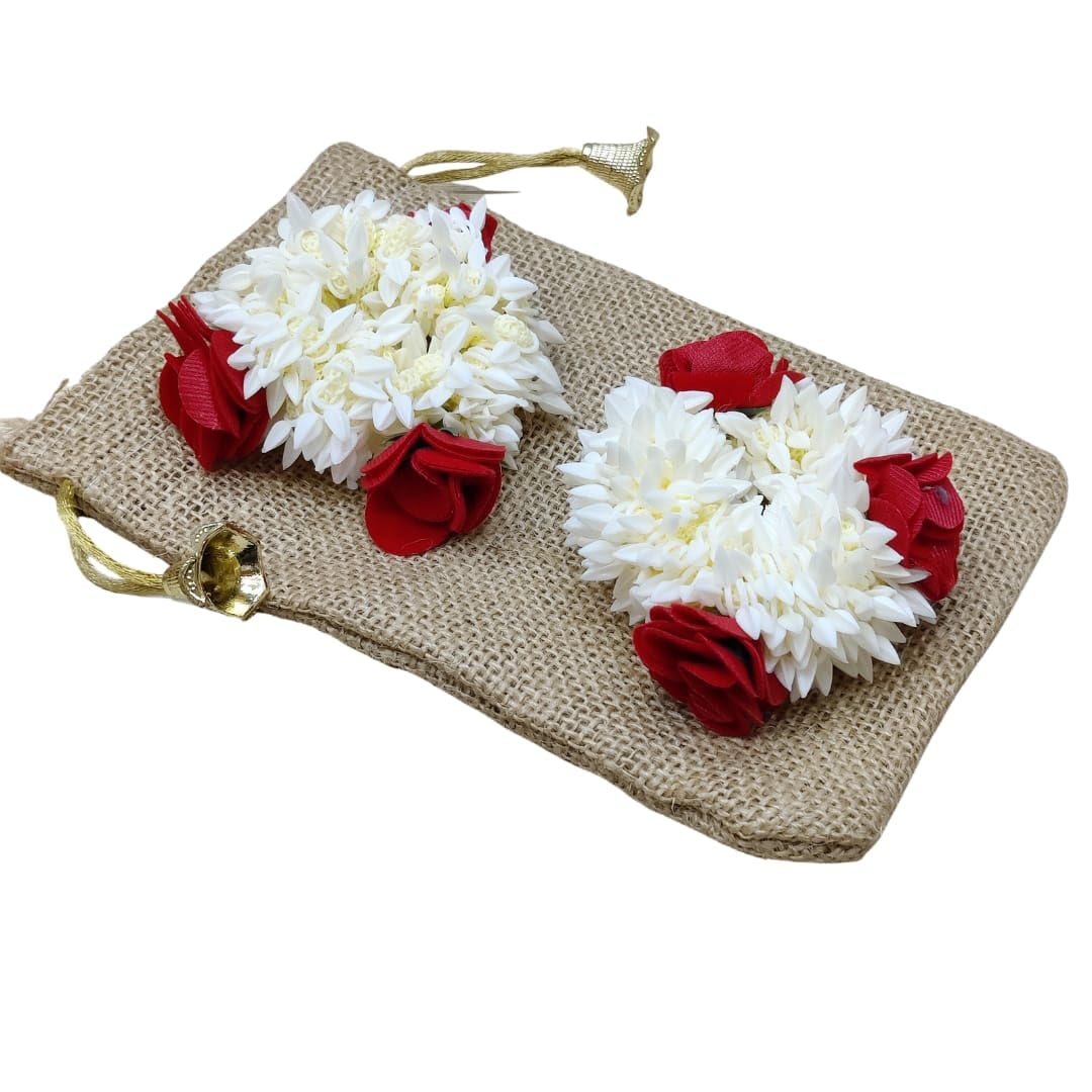 Estationeryhouse Wedding Scrunchie Bracelet, Hand Gajra, Indian Wedding Floral Jewelry - Mogra & Elastic Gajra Pack of 2 in Jute Bag (With Rose)
