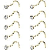 AccGin 6-10Pcs 18G 20G Nose Ring Surgical Steel Nose Rings Studs Piercing For Women Men 1.5mm 2mm 2.5mm 3mm Round Diamond CZ L Shaped Corkscrew Gold Black Silver Nose Piercing Hypoallergenic