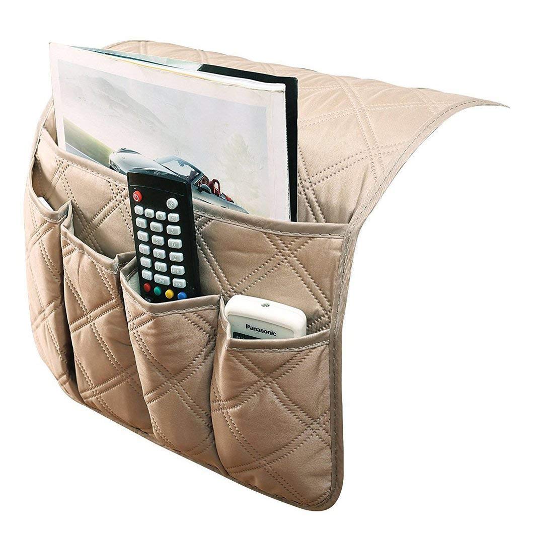 IPENNY Anti-Slip Couch Sofa Armrest Organiser Chair Bedside Storage Pocket TV Remote Holder Bed Storage Pocket Bag for Cellphone Notepad Book Magazines Holder Pouch (#E2-Beige (5 Pockets))