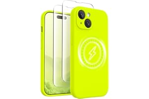 SuydanBox for iPhone 15 Case Silicone, Compatible with MagSafe, [Camera Protection][2X Screen Protectors] Slim Shockproof Protective Phone Case, Soft Anti-Scratch Microfiber Lining, Fluorescent Green