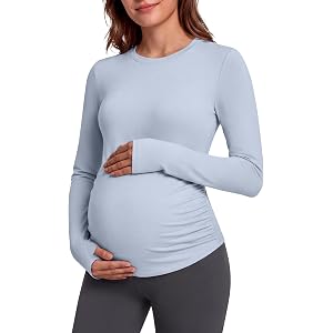 G4Free Lyocell Maternity Long Sleeve Shirts Ruched Crewneck Pregnancy Top | High-Stretch Pregnancy Pullover Tops with Thumbho
