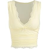 CIDER Lace Crop Tank Tops for Women Going Out V Neck Sleeveless Ruched Tops Trendy Y2K Summer Outfits