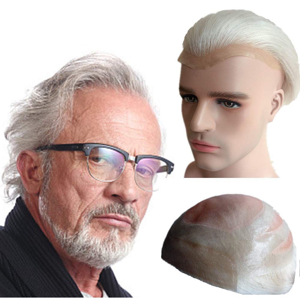 NLW Gray white hair Toupee for men 100% European Human pieces for men Hair replacement system Man piece soft (White-PU+Lace base)