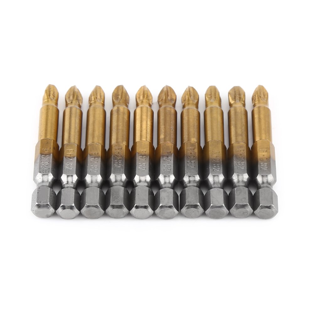 10 Titanium-Plated Non-Slip Bits 50Mm Long (Ph2 Head Type) PH2 Cross Head Anti Skid 1/4 Inch Screwdriver Bits Set