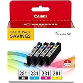 Canon CLI-281 Black, Cyan, Magenta and Yellow 4 Ink Pack, Compatible to TR8520, TR8620 Series, TS9120, and TS6210 Printers