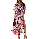Quatrefox Womens V Neck Flutter Sleeve Boho Midi Dress Summer Wedding Guest Beach Party Long Dresses