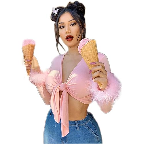 Women's Sexy Long Sleeve Tie Up Crop Top Feather Trim Deep V Neck Basic Tight Shirt Faux Fur Blouse