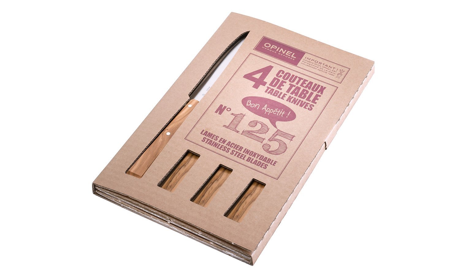 Opinel - Bon Appetit Table Knives Set of 4 Number 125 - Olive Wood Handles