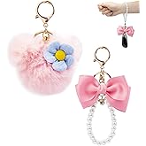 HONYJOOM Keychain Wristlet, Bag Charms, Purse Charms, Pom Pom Keychain Cute Soft Artificial Rabbit Fur Plush Fluffy Ball Key Chain (Pink Key Chain)
