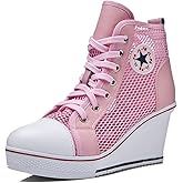 ALLINNINE Women's Sneaker Shoes High Heel Fashionable Canvas Shoes High Tube Lace Up Wedge Edge Zipper Slope Angle Shoes Size 4-11