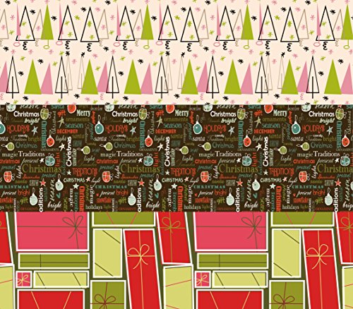 K-Kraft Vintage Prints Christmas Mid Century Modern Christmas Wrapping Paper on White Kraft - 30 inches x 180 inches per roll = 112.5 square feet total