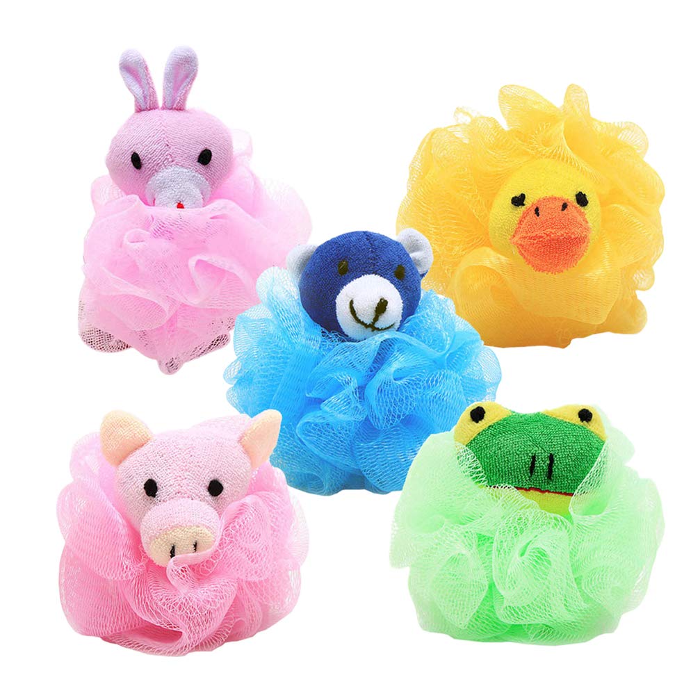 NUOBESTY 4Pcs Loofah Bath Sponge Cartoon Animal Shaped Shower Ball Body Scrubber Fiber Mesh Shower Puff for Exfoliating Soothe Skin Random Color