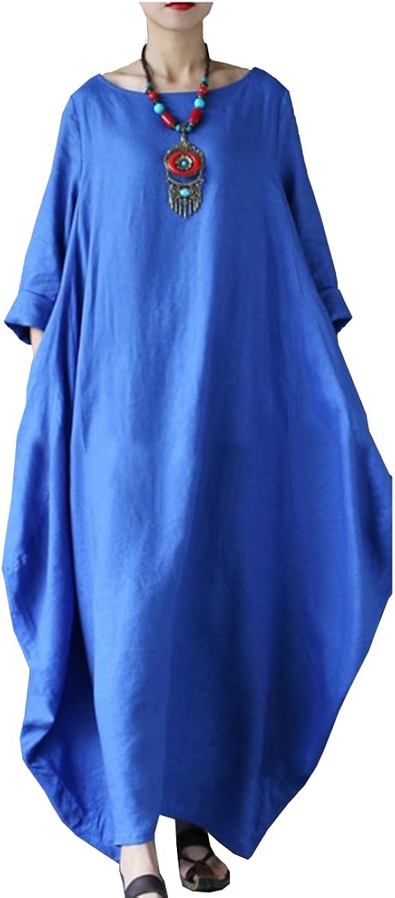 oboss Women Summer Vintage 3/4 Sleeve Cotton and Linen Dress Plus Size