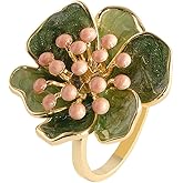 Kokoma Vintage Camellia Flower Statement Ring for Women Shiny Green Enamel Floral Ring Engagement Eternity Rings Wedding Band Adjustable Fashion Jewelry