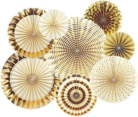 8 Pcs/pack Kraft Pinwheel Backdrop Gold Foil Paper Fans Hanging Paper Fan Giant Paper Flowers Paper Fan Backdrop for Wedding Background Baby Shower Bridal Shower Birthday Party Backdrop Rosettes