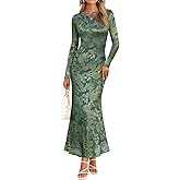 MEROKEETY Women's 2026 Spring Wedding Guest Maxi Dress Long Sleeve Bodycon Floral Mesh Fall Cocktail Formal Party Dresses