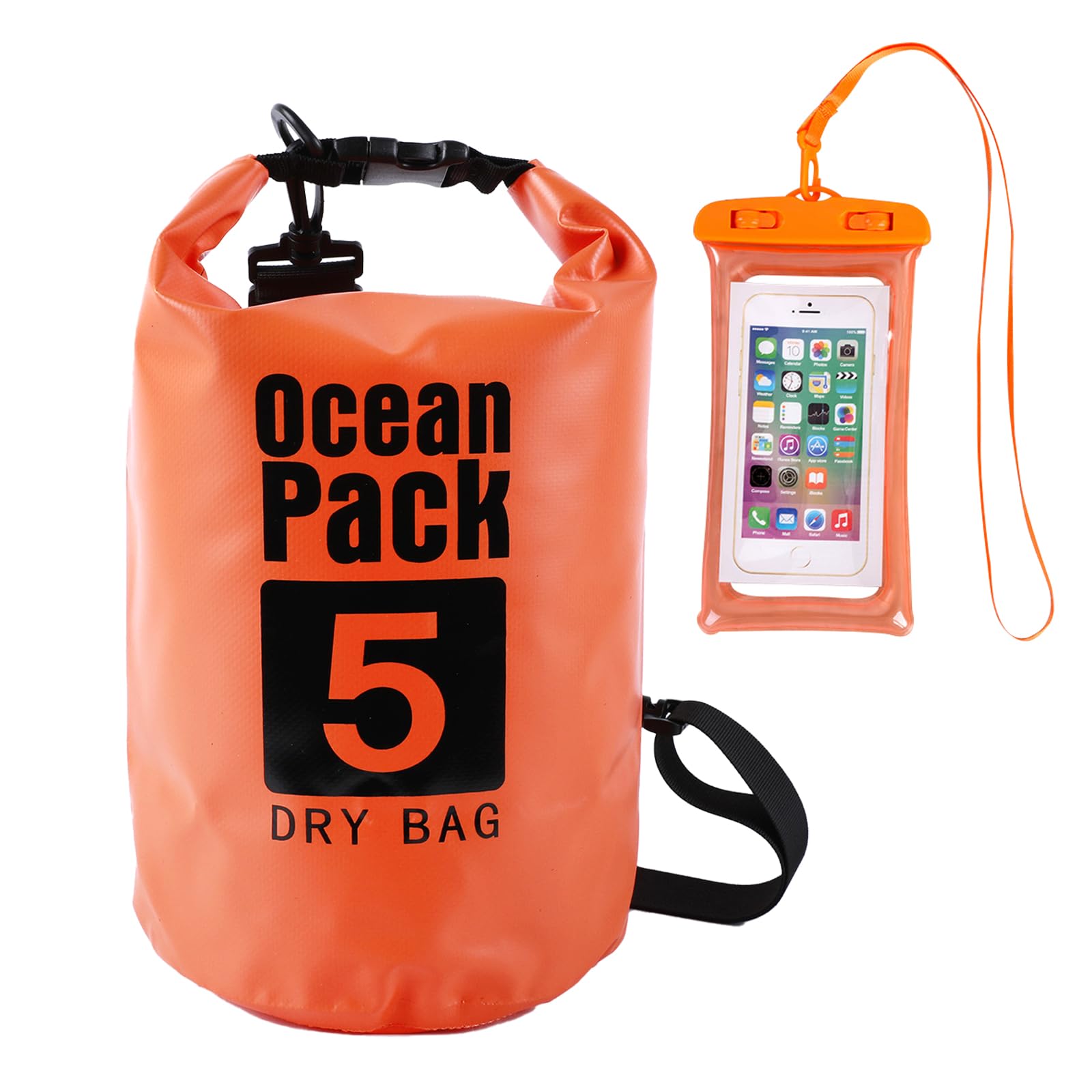 TYXHXTF 5L Waterproof Dry Bags, Sack with Phone Dry Bag and Long Adjustable Shoulder Strap, for Kayaking Boat Tour Canoe Fishing Rafting Swimming Snowboarding (Orange)