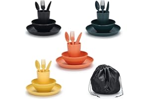 ReaNea Camping Mess Kit for 4 with Bowl, Plate, Cup, Spoon, Fork, Knife and Carry Bag, Plastic Camping Accessories Essentials
