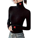SOLY HUX Women's High Neck T Shirts Long Sleeve Heart Embroidery Fitted Tee Tops Fall Clothes