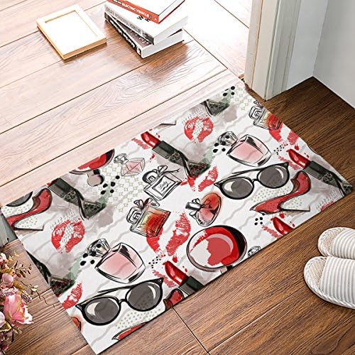 Teen Girls Decor, Cute Girlish Illustration With Fashion Acessories And Makeup perfume high heel Doormat 18x30inch