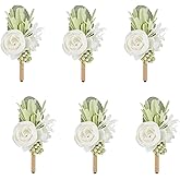 Meldel Ivory & Greenery Homecoming Boutonniere, White Boutonniere for Men Wedding, Set of 6, Groom Groomsmen Man Boutonniere for Wedding Ceremony Anniversary, Party Fall Vintage Wedding Prom