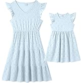 IFFEI Mommy and Me Matching Dresses Womens Eyelet Lace Ruffle Sleeve Midi Sundress for Casual Holiday Outfits