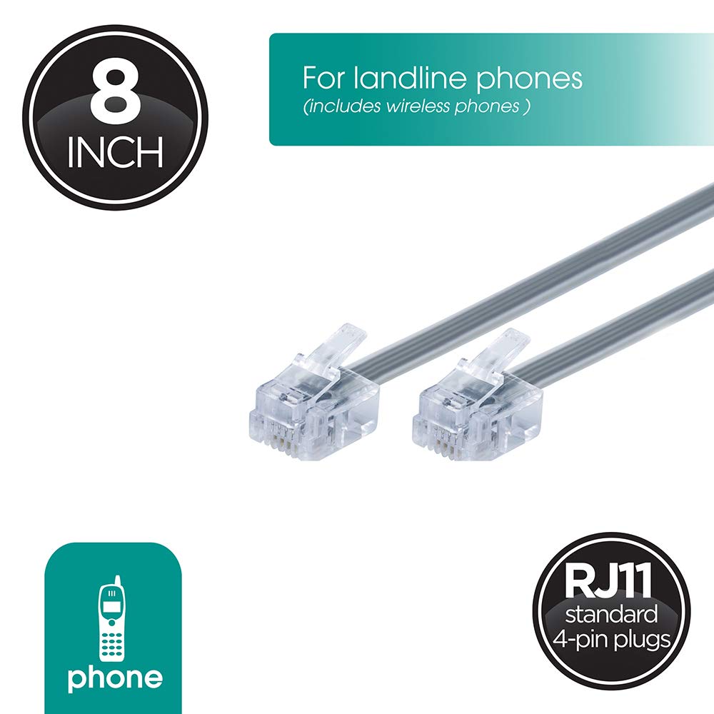Power Gear Telephone Line Cord, 8 Inch Short Phone Cord, Modular Jack Ends, Works for Phone, Modem or Fax Machine, For Use in Home or Office, Gray, 76114