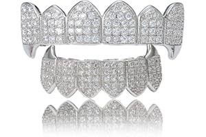 LKV 14K Plated Gold Grillz for Men and Women Gold Grills Teeth All iced out CZ Top and Bottom Vampire Mouth Grill with Extra Molding Bars