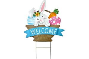 HOMIRABLE Easter Decorations Outdoor Metal Bunny Decorative Garden Stakes with Egg Basket and Carrot Welcome Rabbits Happy Easter Yard Sign Spring Decor for Home Front Door Yard Outside Porch Lawn Sidewalk