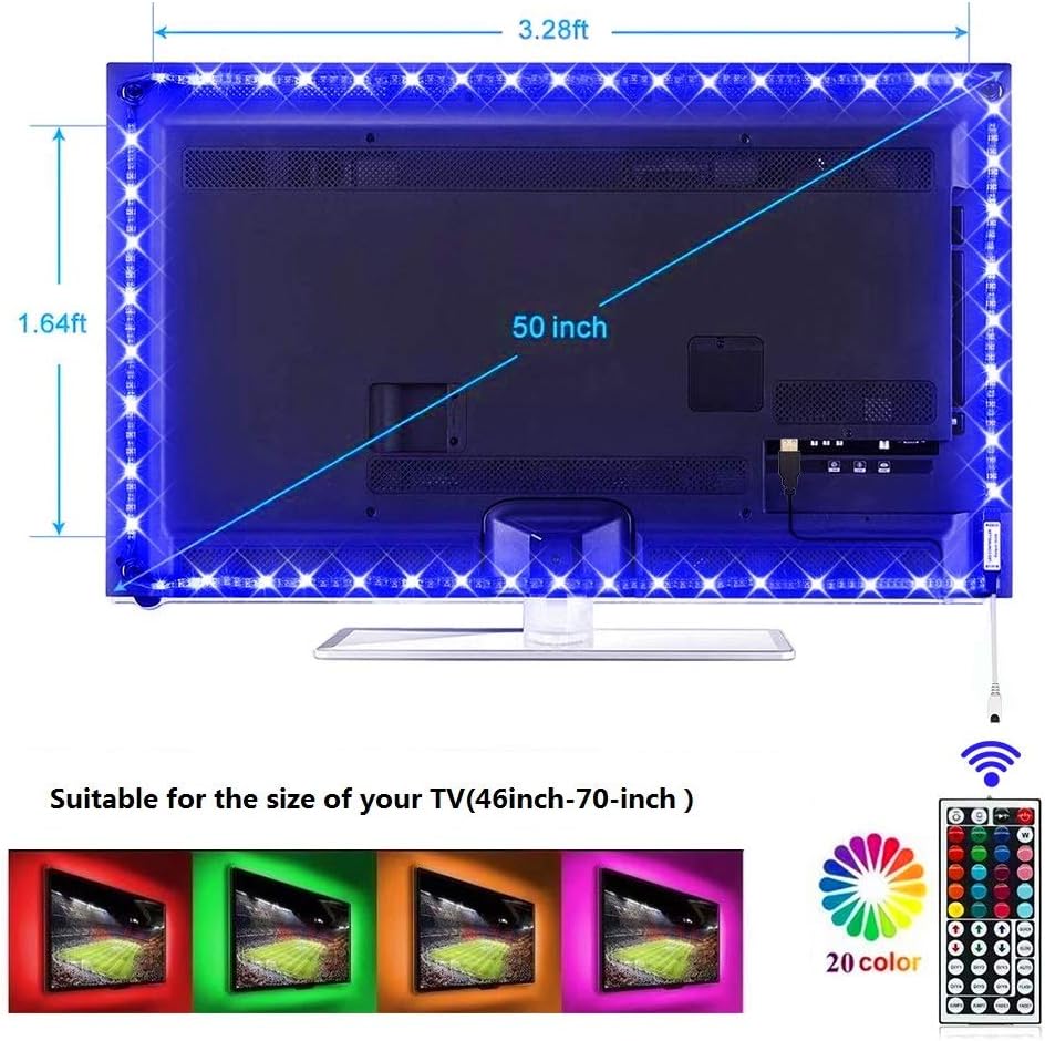 LED Strip Lights, 9.8ft USB TV Backlight Kit TV Lights 20 Color Changing 5050 LED Tape Lights with 44 Key IR Remote Controller for 46-70 inch, RGB Bias Lighting for HDTV PC Monitor Home Decoration