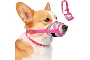 Dog Muzzle with Escape-Proof Elastic Neck Collar Air Mesh Adjustable Muzzle Mouth Cover Allow Drinking and Feeding Anti Scave