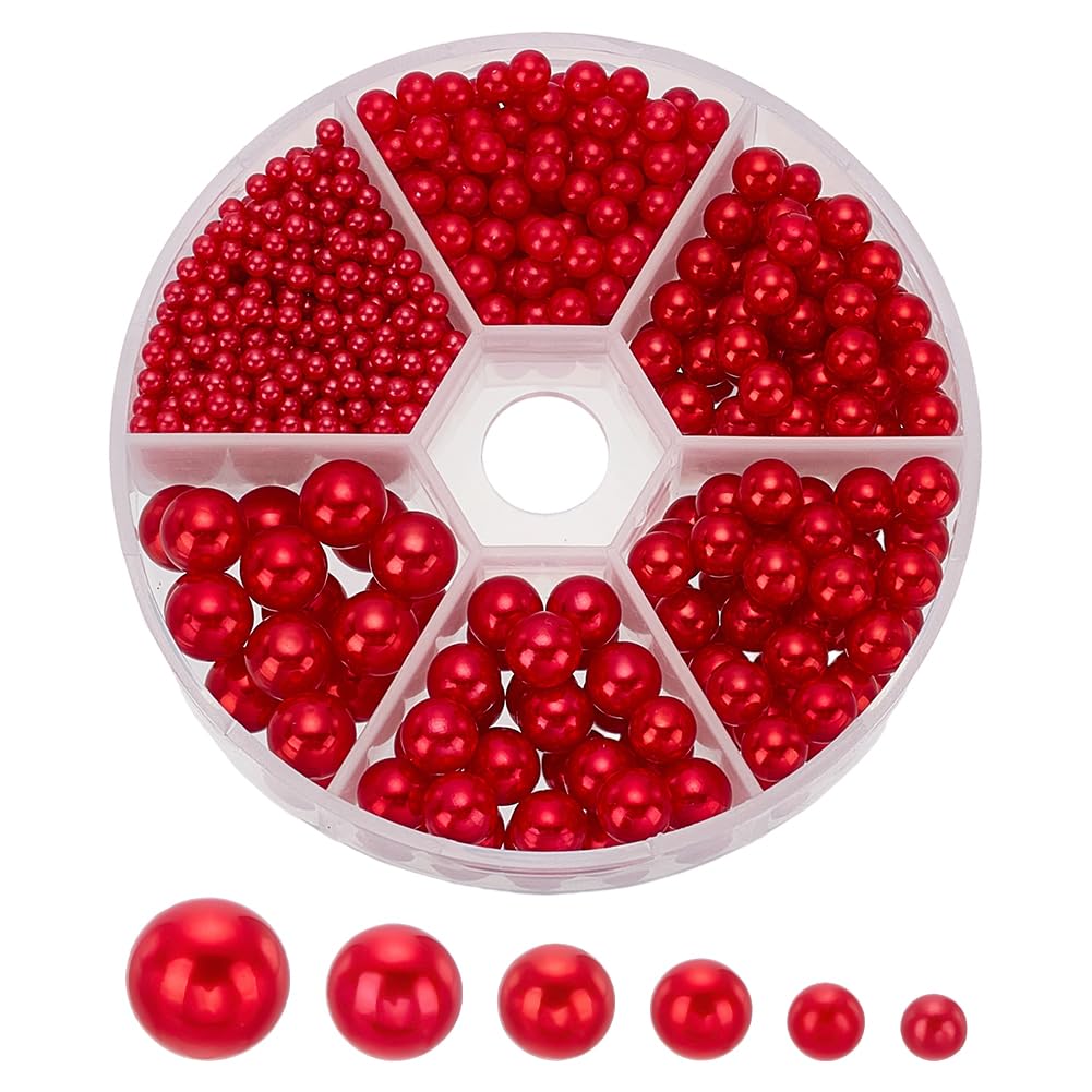 PH PandaHall 1100pcs Vase Filler Beads, 6 Sizes Undrilled Pearl Beads No Hole Red Imination Pearls Bead for DIY Craft Vase Filler Makeup Brush Holder Wedding Party Valentines Decor, 2.5/4/5/6/7/8mm
