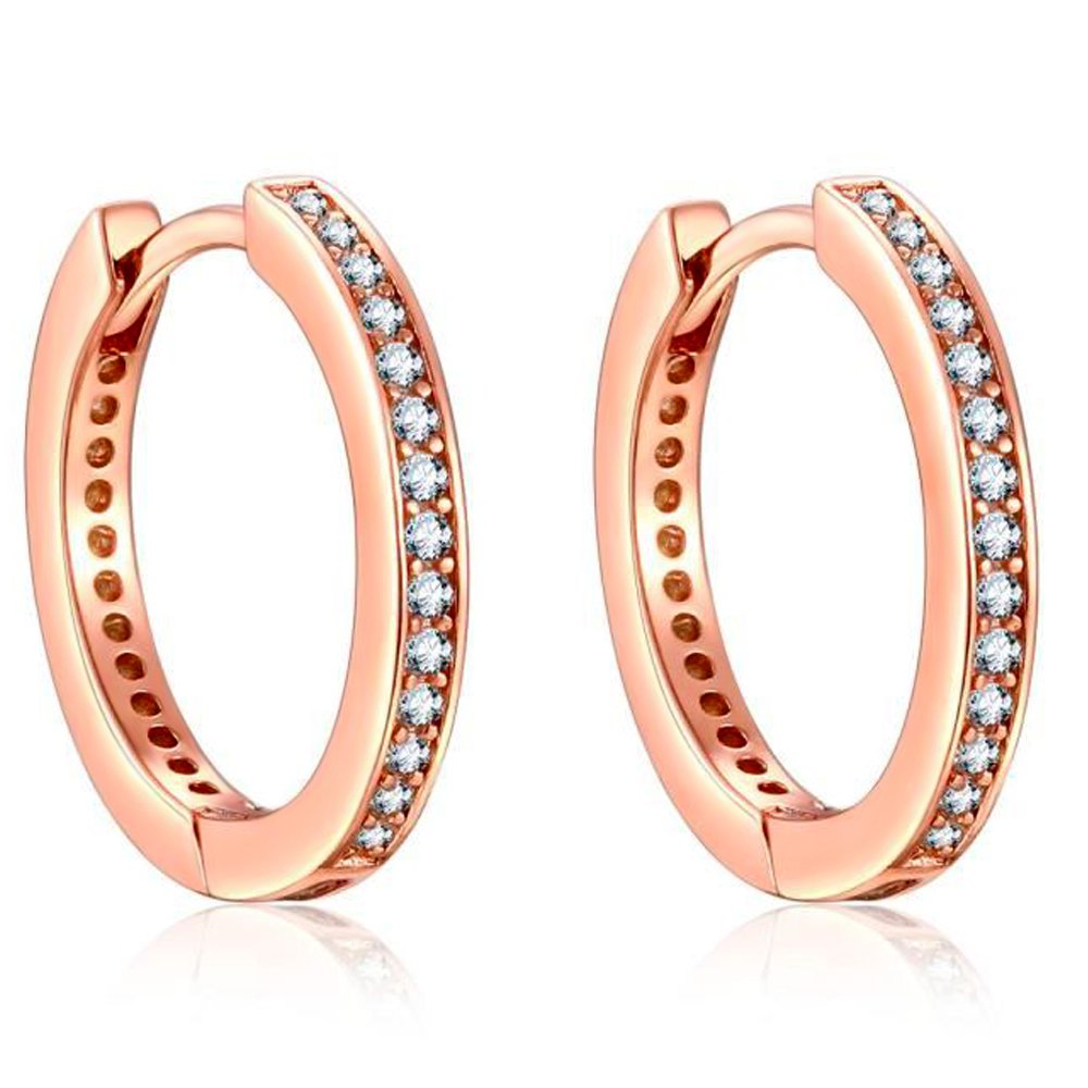 Presentski 925 Sterling Silver Hoop Earrings Rose Gold with Cubic Zirconia Simulated Diamond Small Creole Hinged Gift for Mother Girls