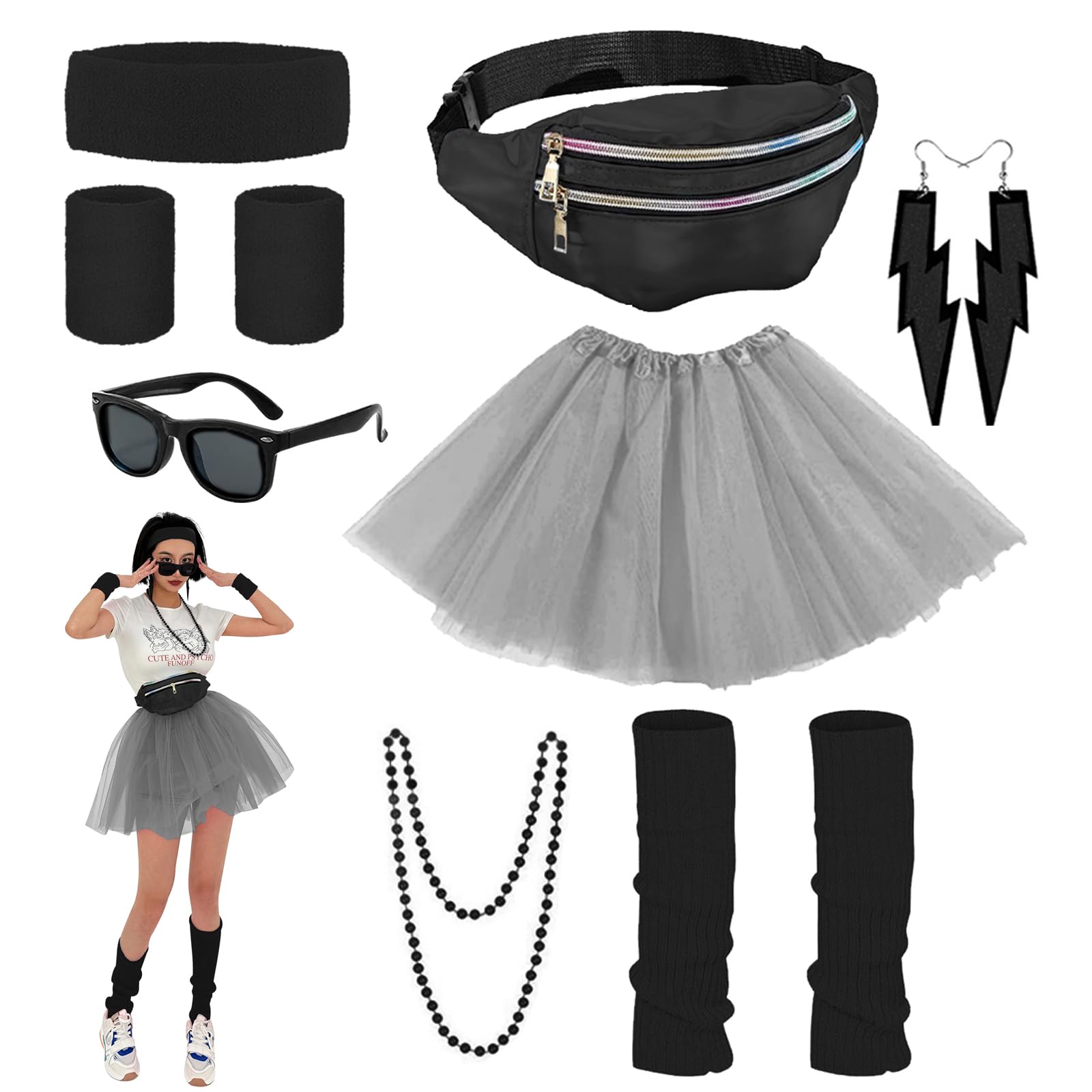 Cckuu 80s Fancy Dress for Women Girls Waterproof Bumbag Waist Packs Headband Wristbands Leg Warmers Earrings Sunglasses Accessories for Neon Fun Run Teams(Black Grey)