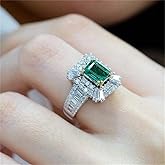 AZQ Vintage 925 Sterling Silver Emerald Ring Cocktail Rings Square Cut Green Gem Cubic Zirconia Anniversary Promise Ring CZ Eternity Engagement Wedding Band Ring for Women TZ.85