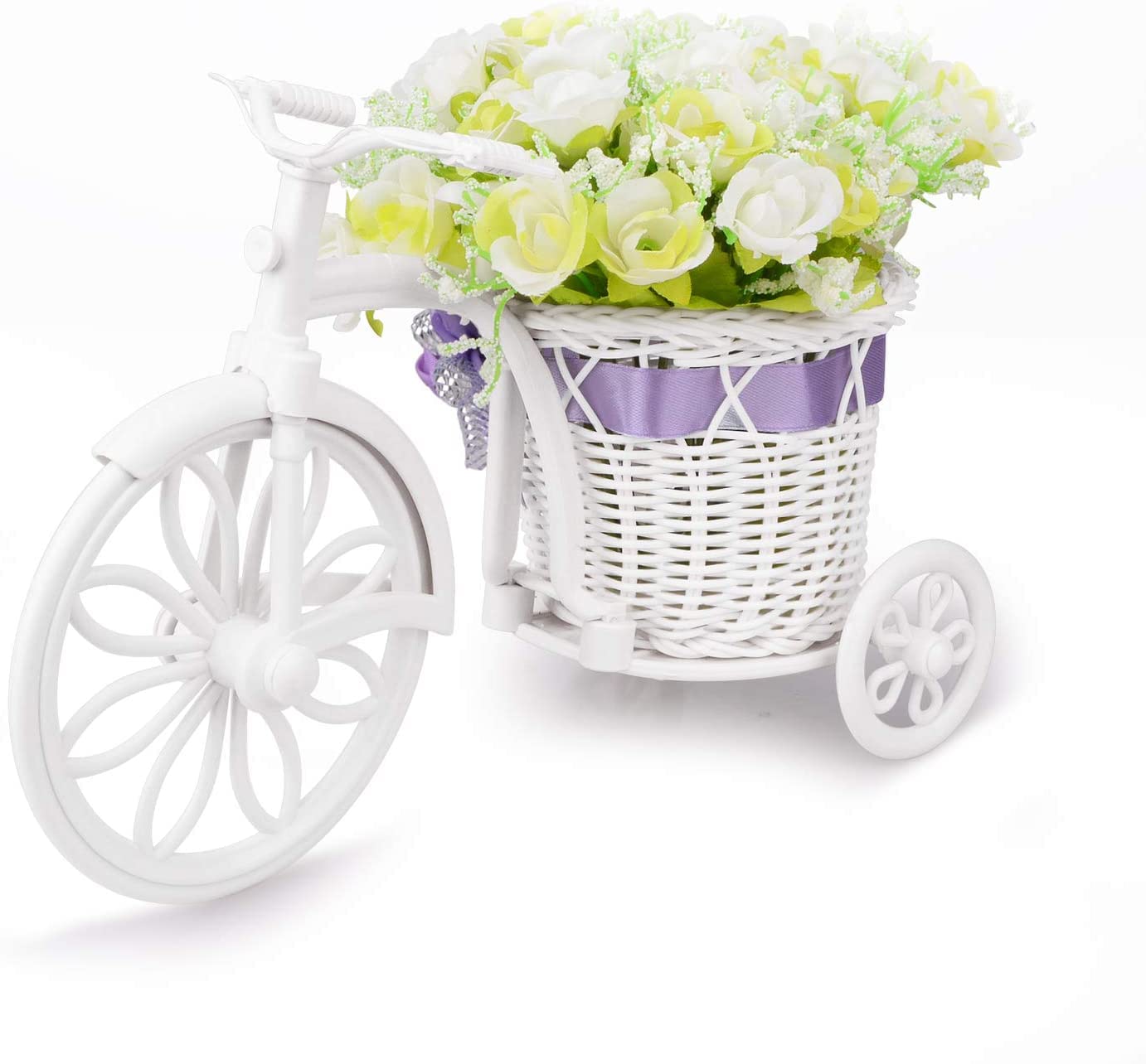 Benzisun Takefuns Artificial Flower Pot Antique Bike Flower Pot with Basket for Home Wedding Decor, Plastic, Green/White, Small