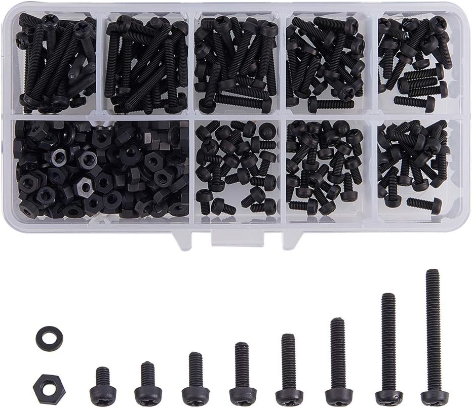 INCREWAY M3 x 5/6/8/10/12/15/20/25mm Nylon Black Screw/Nut/Washer Assortment Kit,480pcs, 8 Sizes