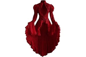 Women’s Victorian Lace Dress High Neck Vintage Gothic Steampunk Dresses Long Sleeve Ruffle Hem Maxi Dress for Halloween