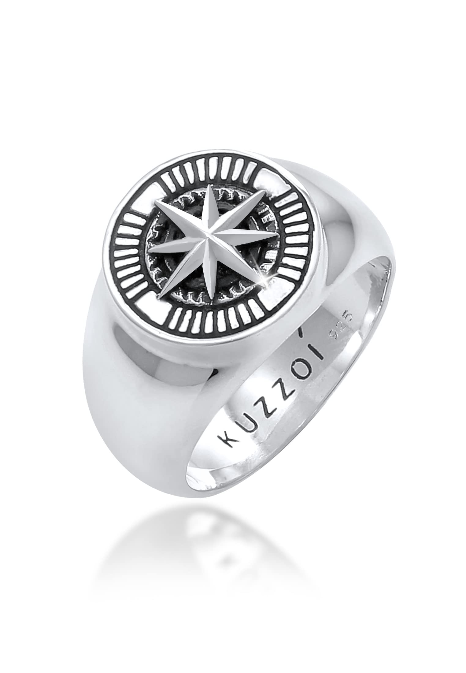 Kuzzoi Men's Round Signet Ring, 15 mm Wide, 925 Sterling Silver, Oxidized Black, Compass Symbol, Men's Ring, Size 60-66, 0605832820, Sterling Silver