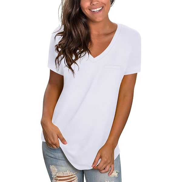 GEHENG Women's V-Neck T-Shirt – Rolled Short Sleeve, Loose Fit, Casual Summer Top