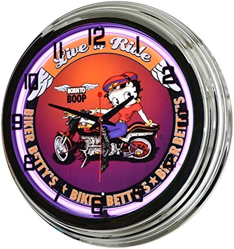 17" Purple Neon Wall Clock, Betty Boop Biker, Live to Ride Born to Boop