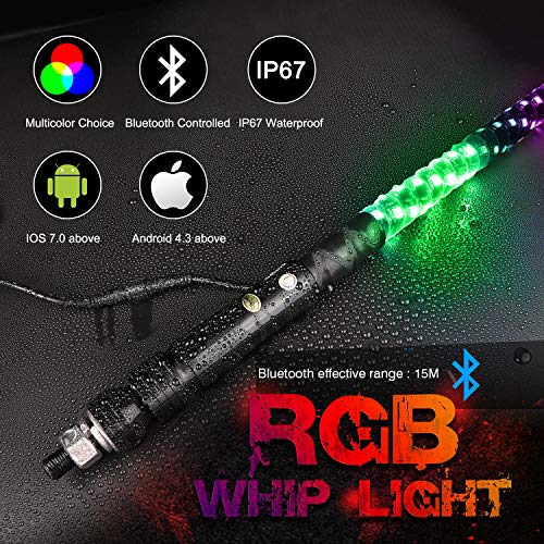 LED Whip Lights, OFFROADTOWN 2PCS 5FT Bluetooth Spiral Lighted Whips with Dancing/Chasing Light LED Antenna Light For UTV ATV RZR Off-Road Polaris Dune 4X4 Jeep Trucks