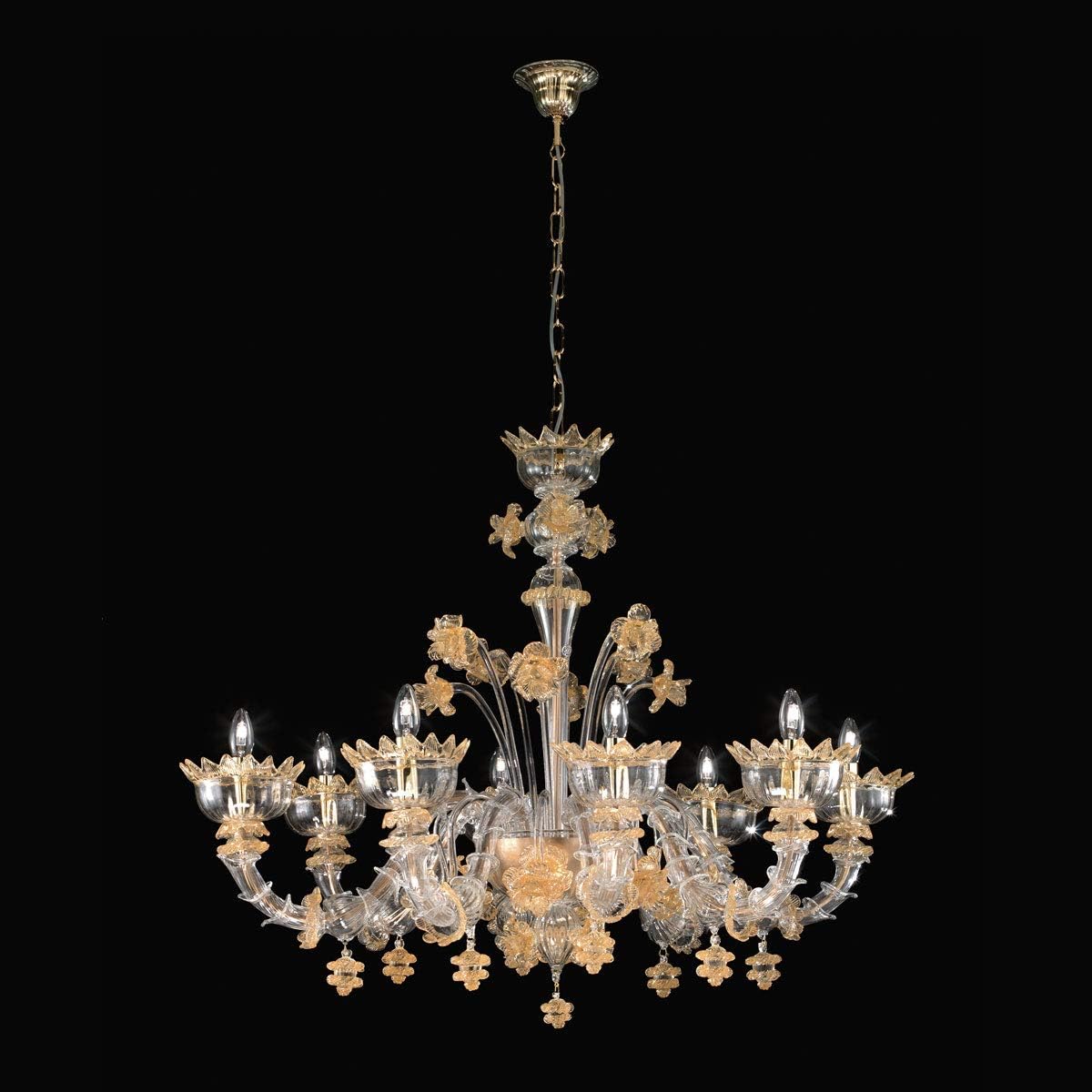 Murano Collection Murano Glass Chandelier Ipato in Gold Amber Transparent Glass Handmade in Italy Luster Classic Crystal Amber Lamp E14