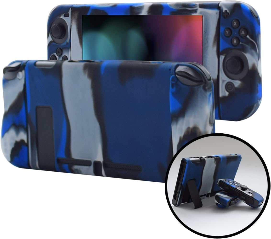 Pandaren Cover Skin Compatible for Nintendo Switch Consoles and Joycon 3in1 Silicone Case with Larger Hand GRIP Protector(Camouflage Blue)(Not for Switch OLED 2021 Model)