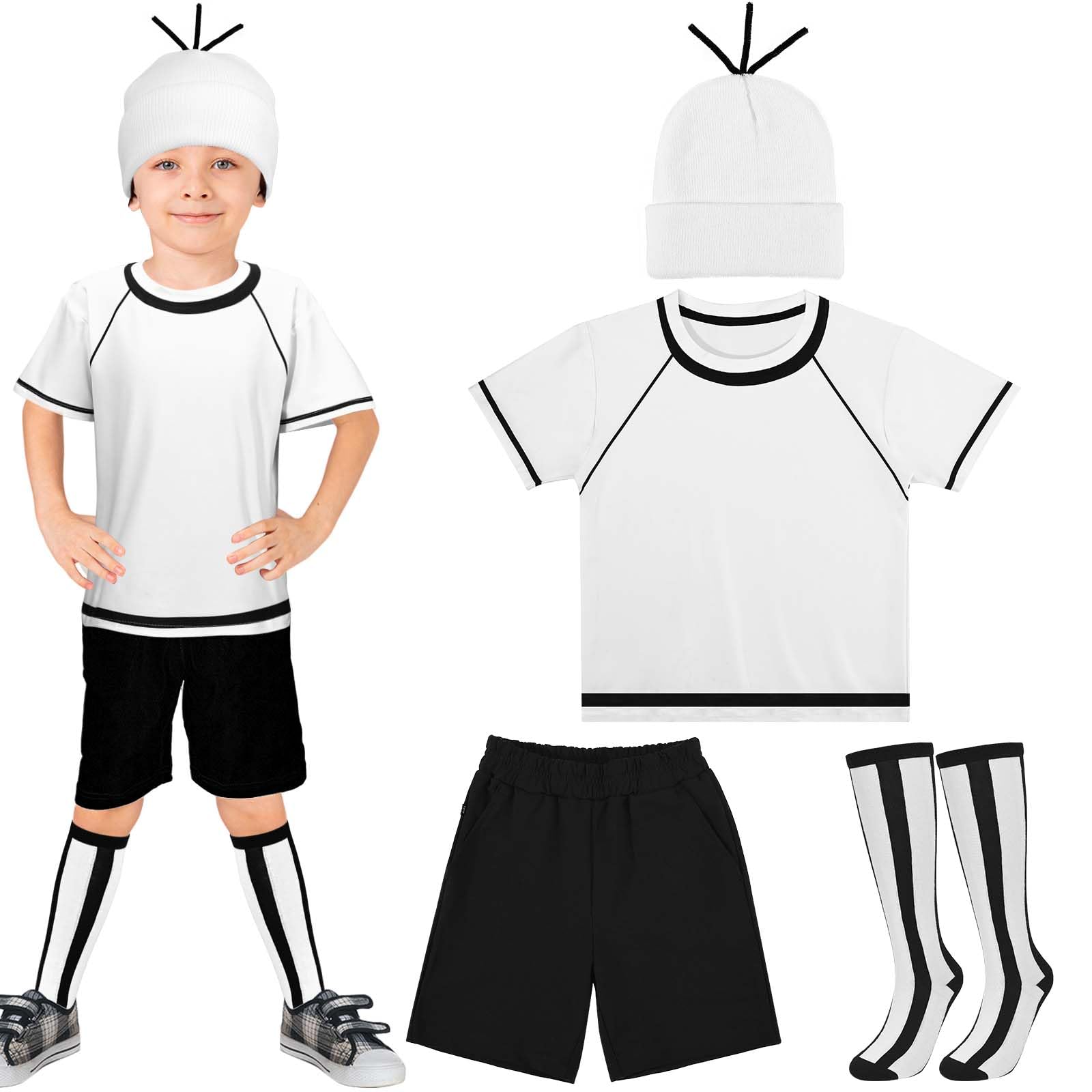 Kavoc 4Pcs Movie Cartoon Character Costume Include White Beanie Hat T-shirt Black Short Pants and Striped Socks for Book Week Cosplay (L)