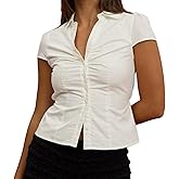 Women Y2K Plaid Button Down Shirt Sexy V-Neck Turn Down Collar Cap Sleeve Back Tie Up Casual Crop Top