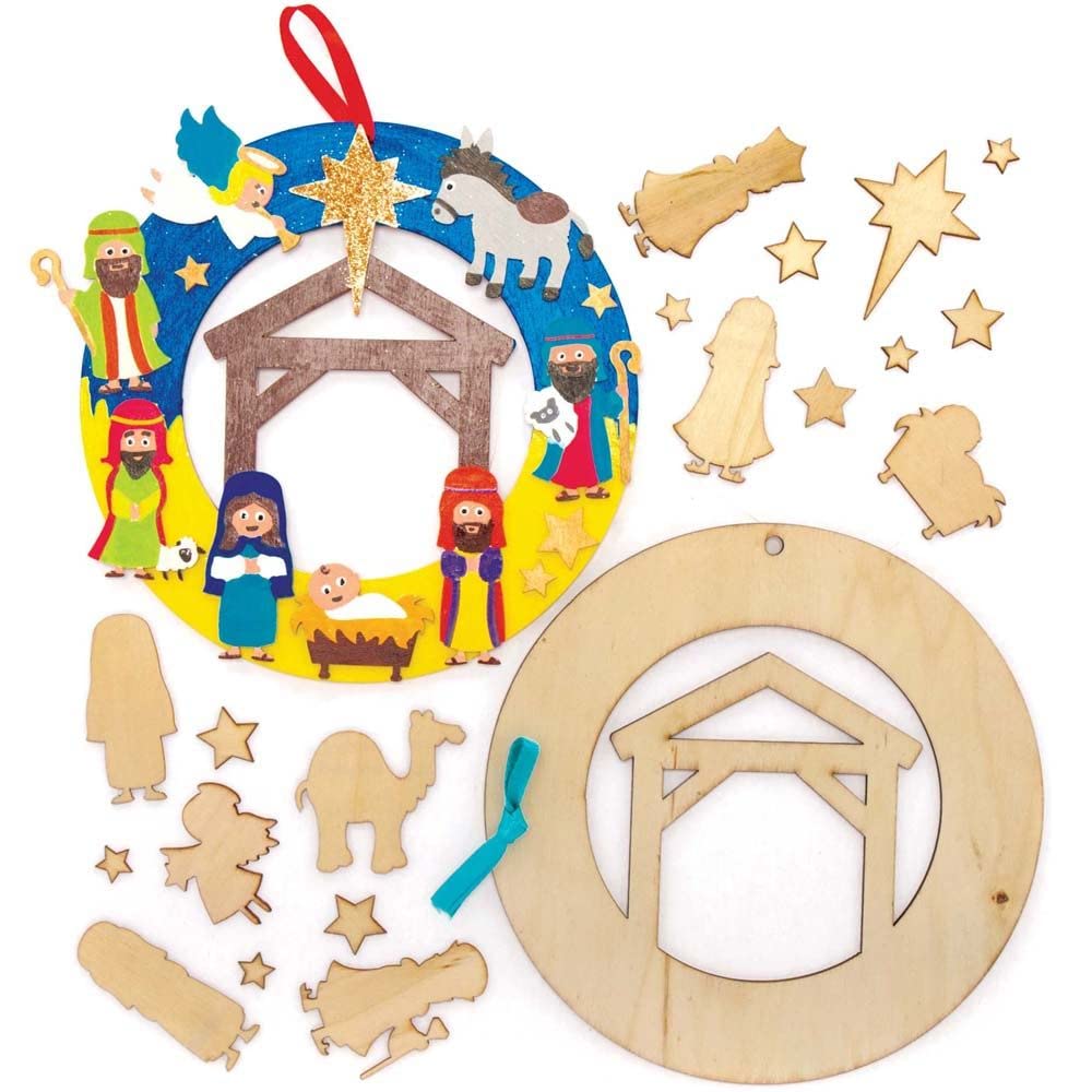 Baker Ross FC205 Nativity Wooden Wreath Kits - Pack of 2, Wreath Ring to Decorate and Display, Wood Crafts for Kids, Make Your Own Christmas Decorations,Blue,Red