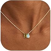 KAERUN Valentine's Day Gift Gold Birthstone Necklaces for Women Non Tarnish Dainty 2 Birthstone Pendant Necklace 14K Gold Plated Square Teardrop CZ Necklace for Mom Daughter Anniversary Birthday Gift