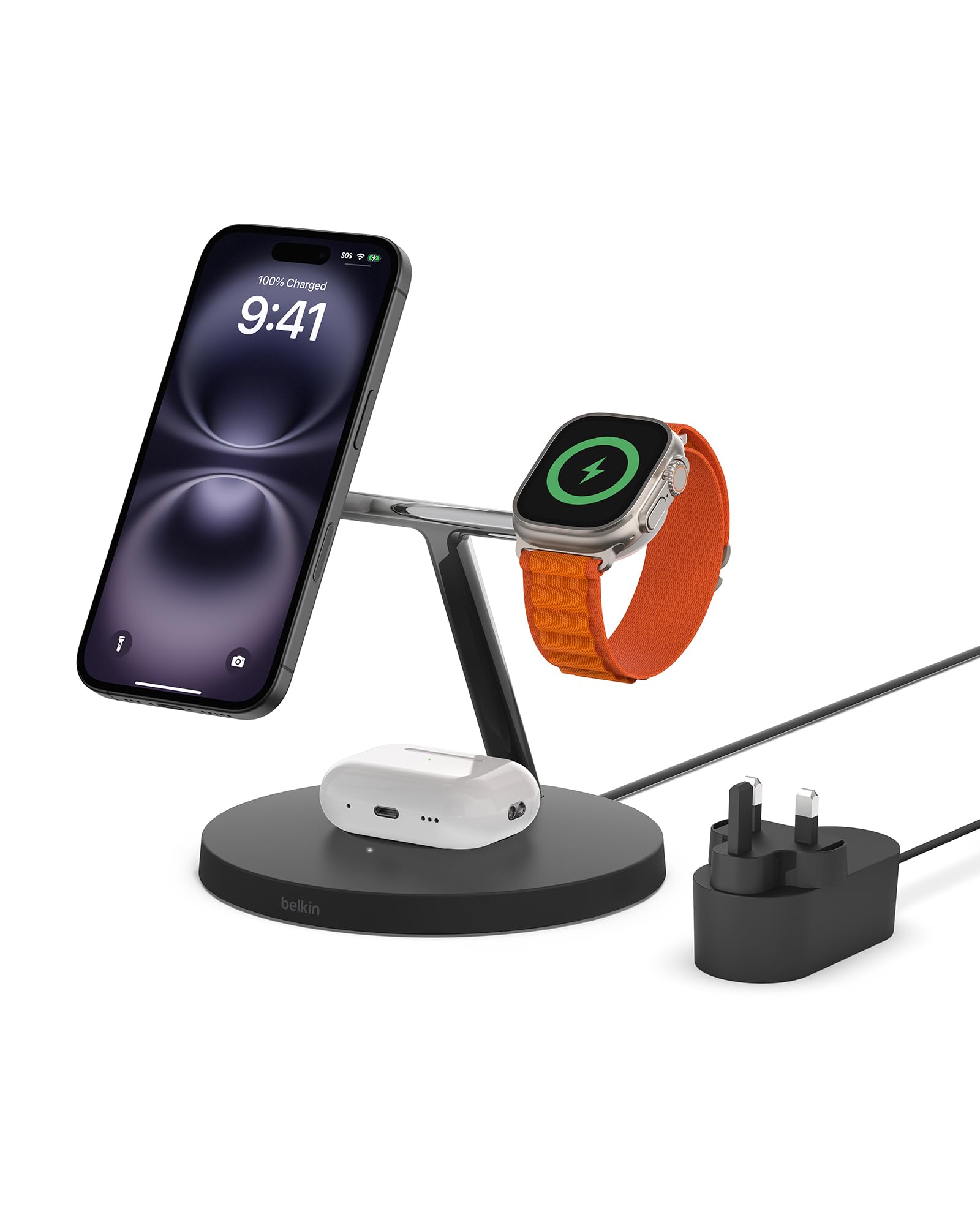 Belkin MagSafe 3 in 1 Wireless Charging Station, 15W iPhone and Apple Watch Fast Wireless Charger, AirPods Charging Station for iPhone 16, 15, 14, 13, 12 Series, Apple Watch 10/9/8, SE, Ultra - Black